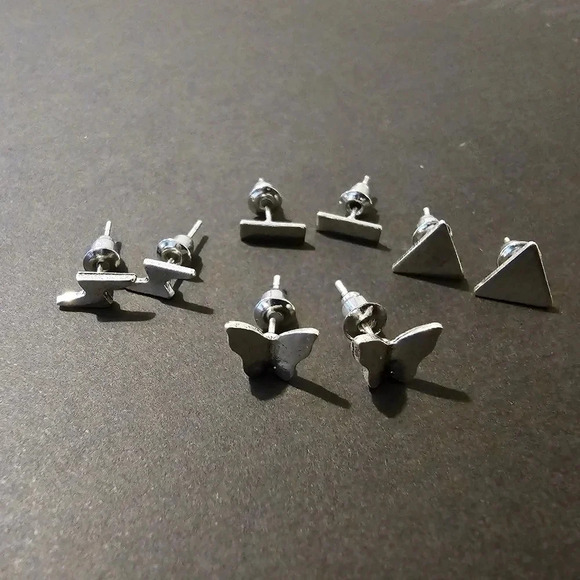 Silver Bar & Lightning Bolt & Triangle & Butterfly Stud Earrings - Picture 1 of 8
